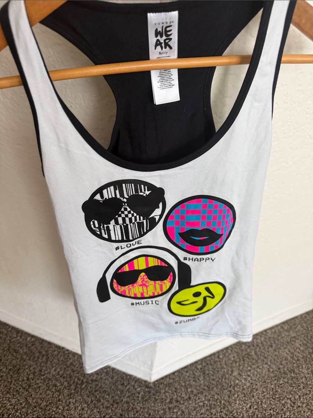 Zumba Fitness White Tank Top with Black Trim and Neon Graphic